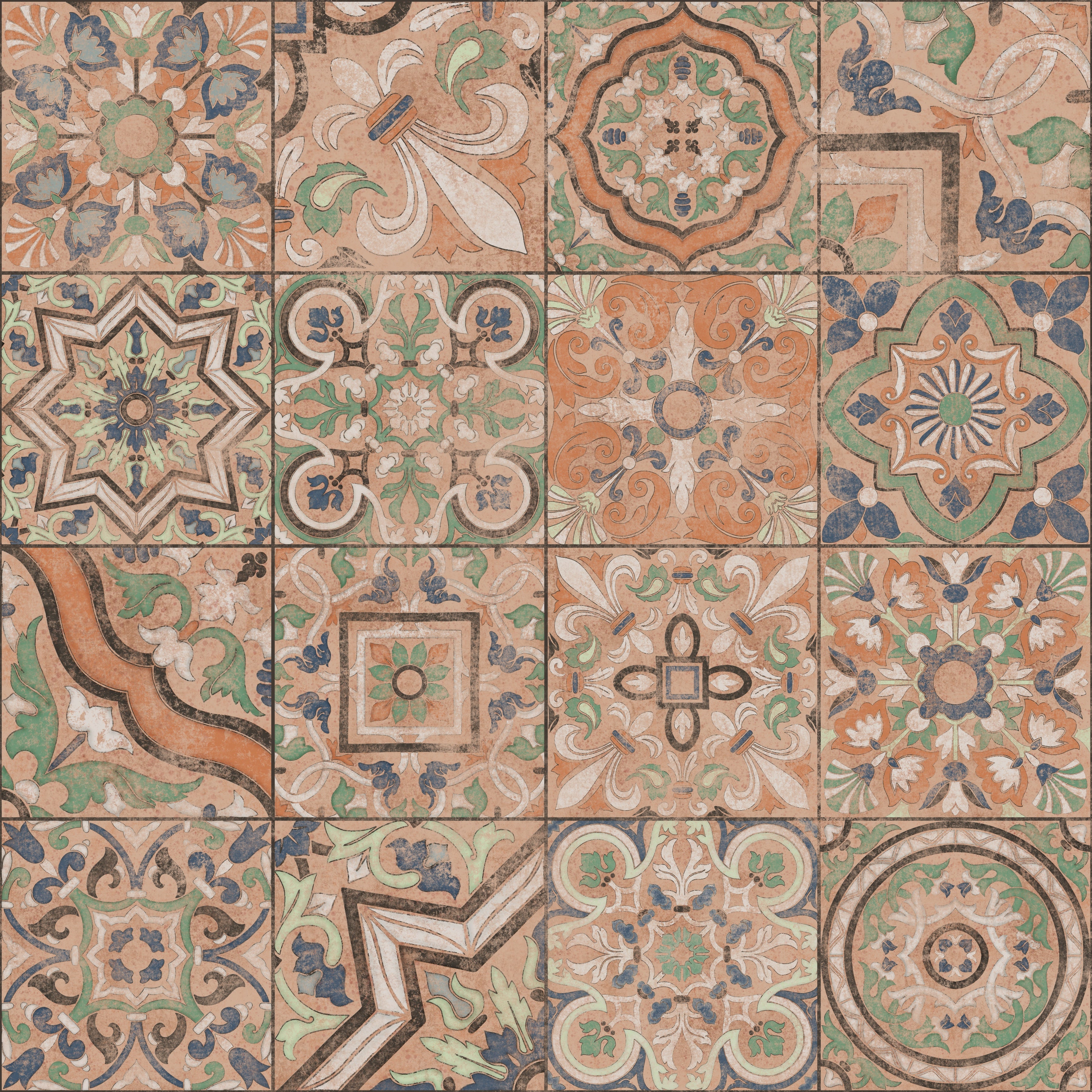 Patterned tiles with intricate designs in a grid layout